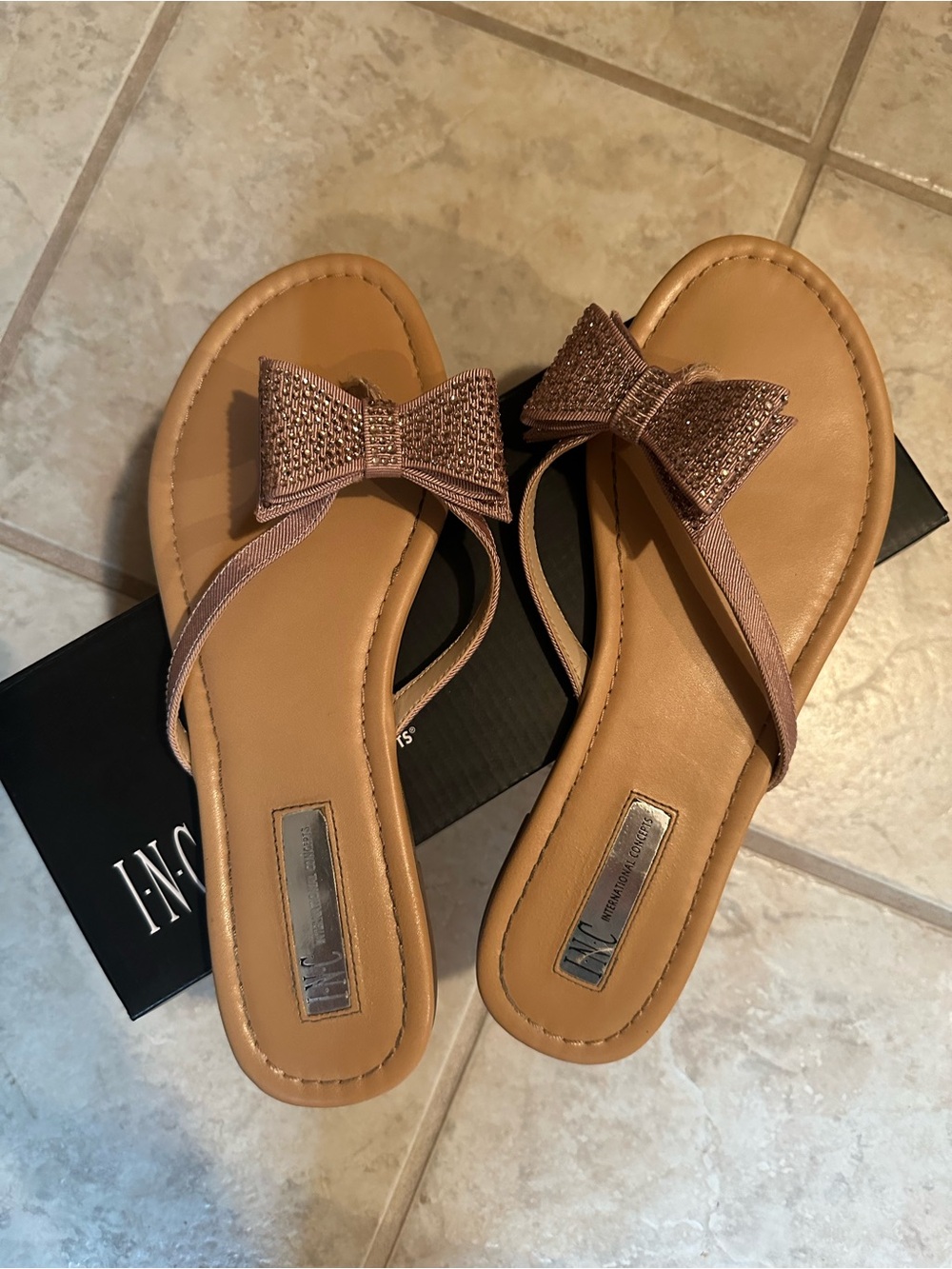 INC International Concepts Tan Sandals with Rose Gold Bow Trim